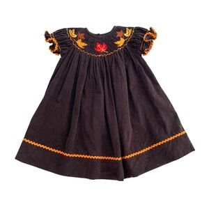 Lolly Wolly Doodle micro corduroy smocked fall leaves embroidery dress Size 6M